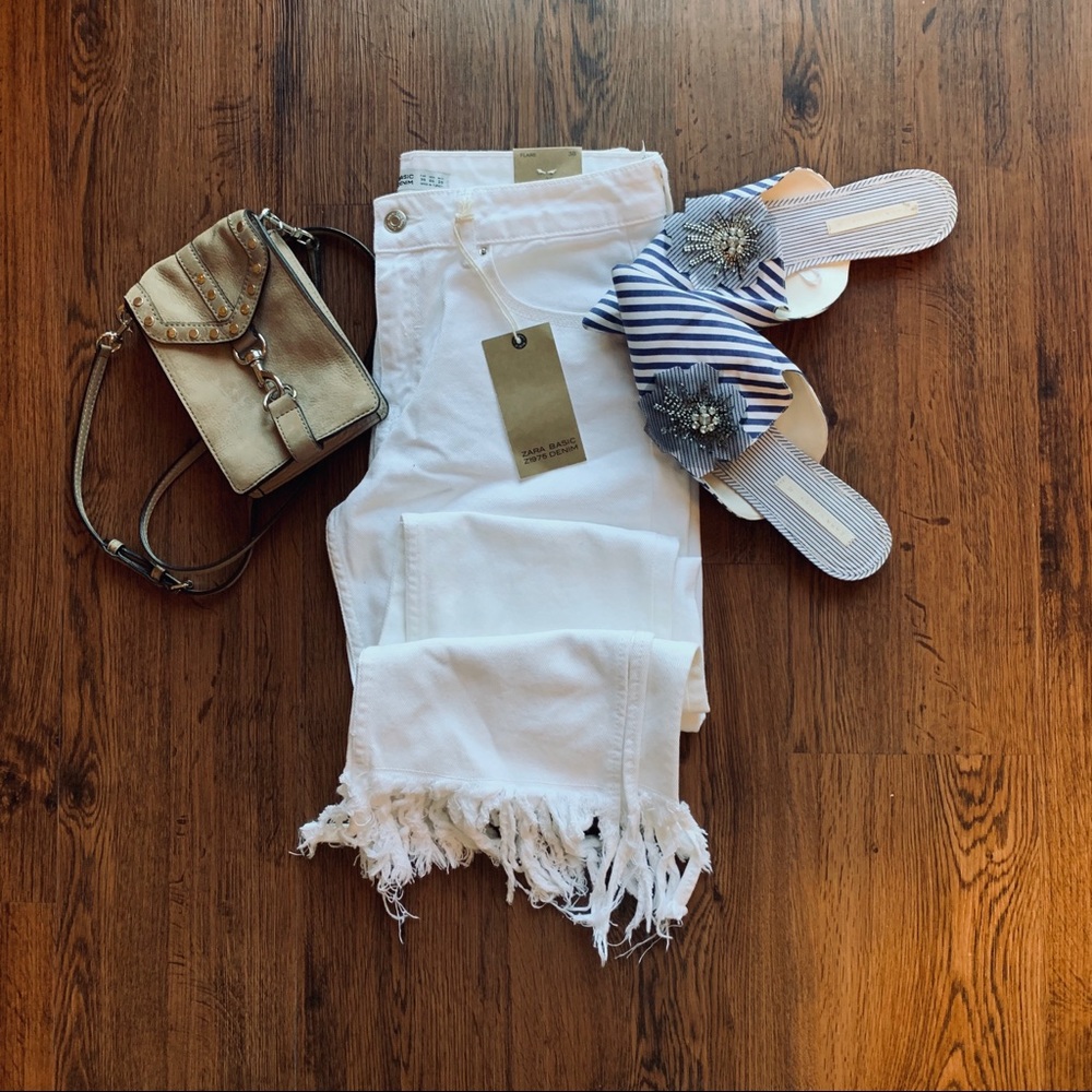 NWT Zara Flare Distressed White Denim